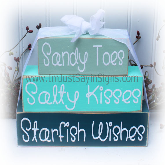 Beach Decor Sandy Toes Salty Kisses Starfish Wishes Wood Blocks
